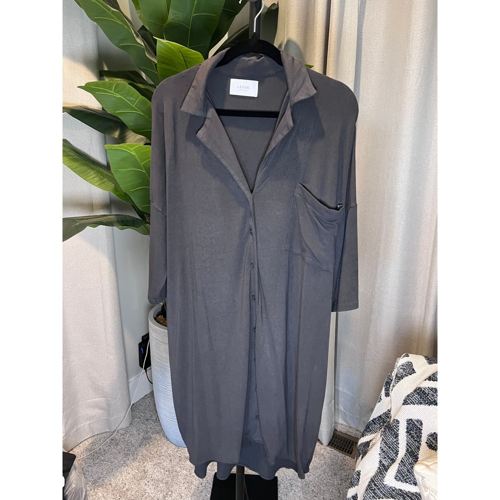 LEGOE HERITAGE Grey Jersey Knit Button Down Shirt Dress Oversized Maternity Sz 2